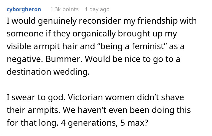 Screenshot of a social media comment discussing discomfort caused by visible hairy armpits at a wedding event.