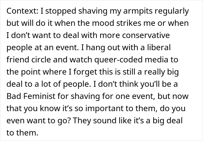 Woman explains stopping shaving armpits amid discomfort from bride and groom viewing hairy armpits as personal insult.