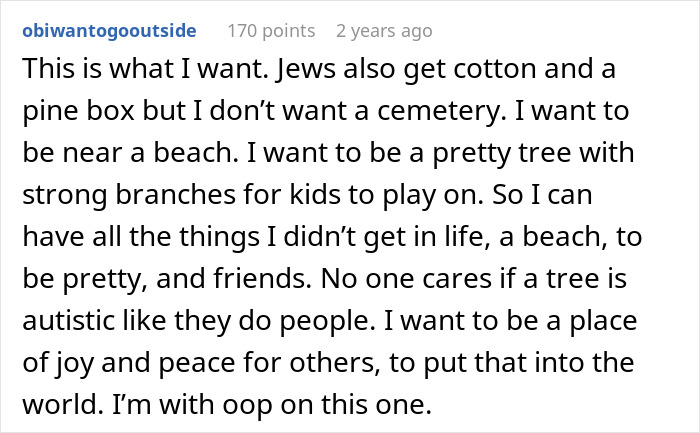 Screenshot of a Reddit comment about choosing a simple alternative to a funeral and sharing personal wishes and reflections.