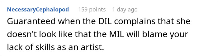 Comment about MIL&rsquo;s plan to make bride look ugly in wedding illustration backfiring as artist reacts to unrealistic demands.