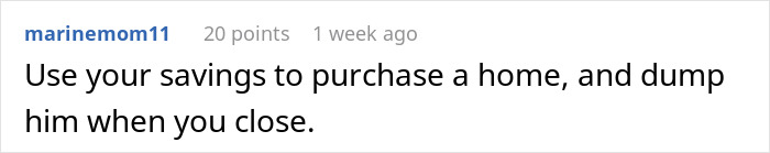 Comment text reading entitled mother advises to use savings for a home and end relationship before closing the deal.