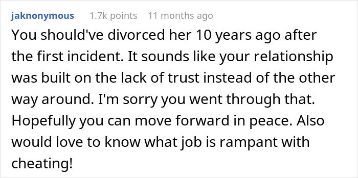 Reddit comment discussing trust issues and cheating in a marriage ruined after 10 years by wife leaving husband.