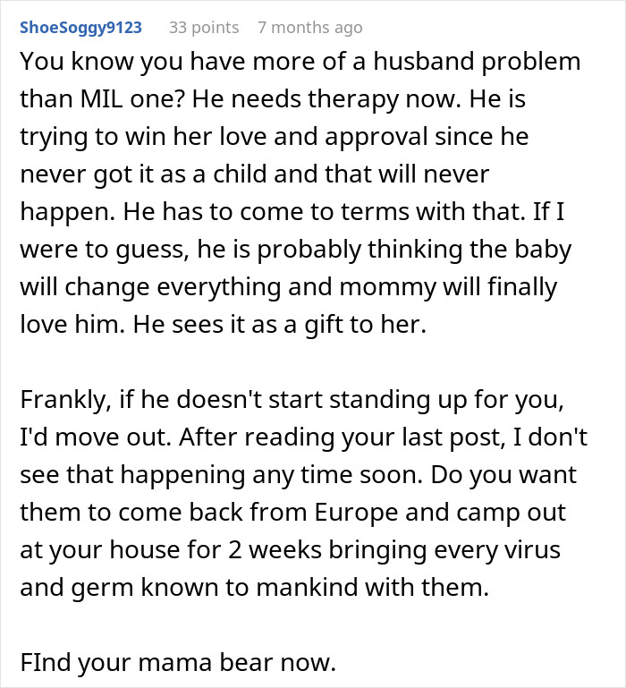 Comment discussing husband&rsquo;s struggle to stand up to his mother and wife considering walking away from the situation.