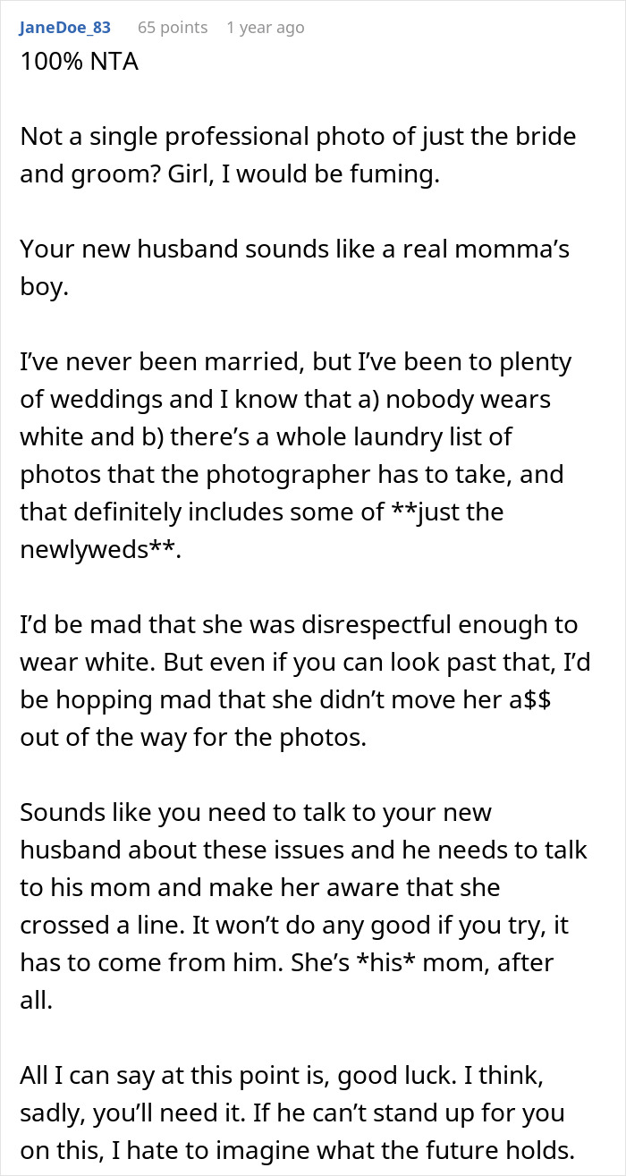 Commenter explains why wearing white at a son's wedding upset the bride and caused family photo conflicts.