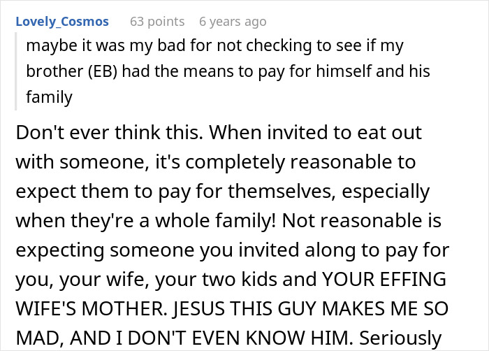 Text screenshot showing a Reddit comment discussing how a brother makes his brother-in-law pay dinner for his whole family.