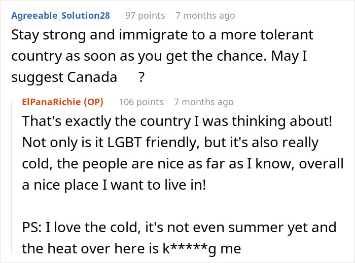 Reddit conversation about a secretly gay teen seeking respect and advice on immigrating to LGBT-friendly countries.