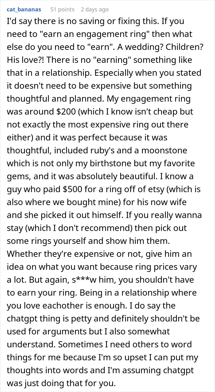 Commenter discussing opinions on earning an engagement ring in a long-term relationship and thoughtful ring choices. Commenter discussing opinions on earning an engagement ring in a long-term relationship and thoughtful ring choices.
