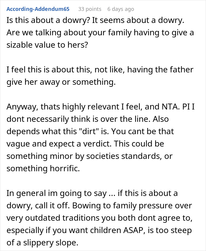 Comment discussing family dowry issues and the man considering canceling wedding after fianc&eacute;e&rsquo;s family hires a PI.