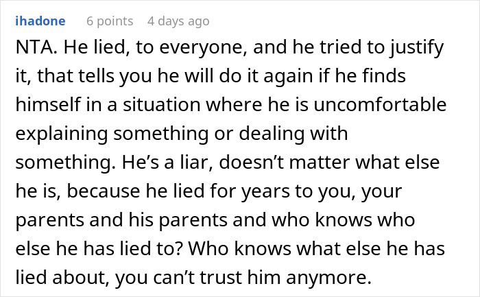 Screenshot of online forum post discussing a woman rethinking her engagement after fianc&eacute;&rsquo;s family lie at holiday dinner.