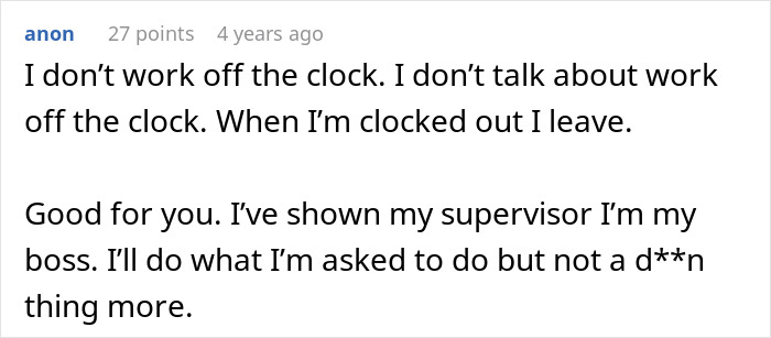 Text post from anon discussing setting boundaries with a manager at a coffee shop about work hours and responsibilities.