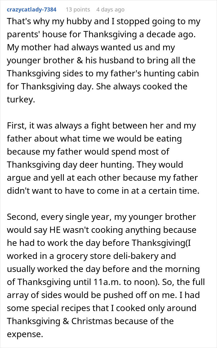 Screenshot of a Reddit post describing hosting an expensive Thanksgiving dinner and dealing with family cooking roles and conflicts. Screenshot of a Reddit post describing hosting an expensive Thanksgiving dinner and dealing with family cooking roles and conflicts.