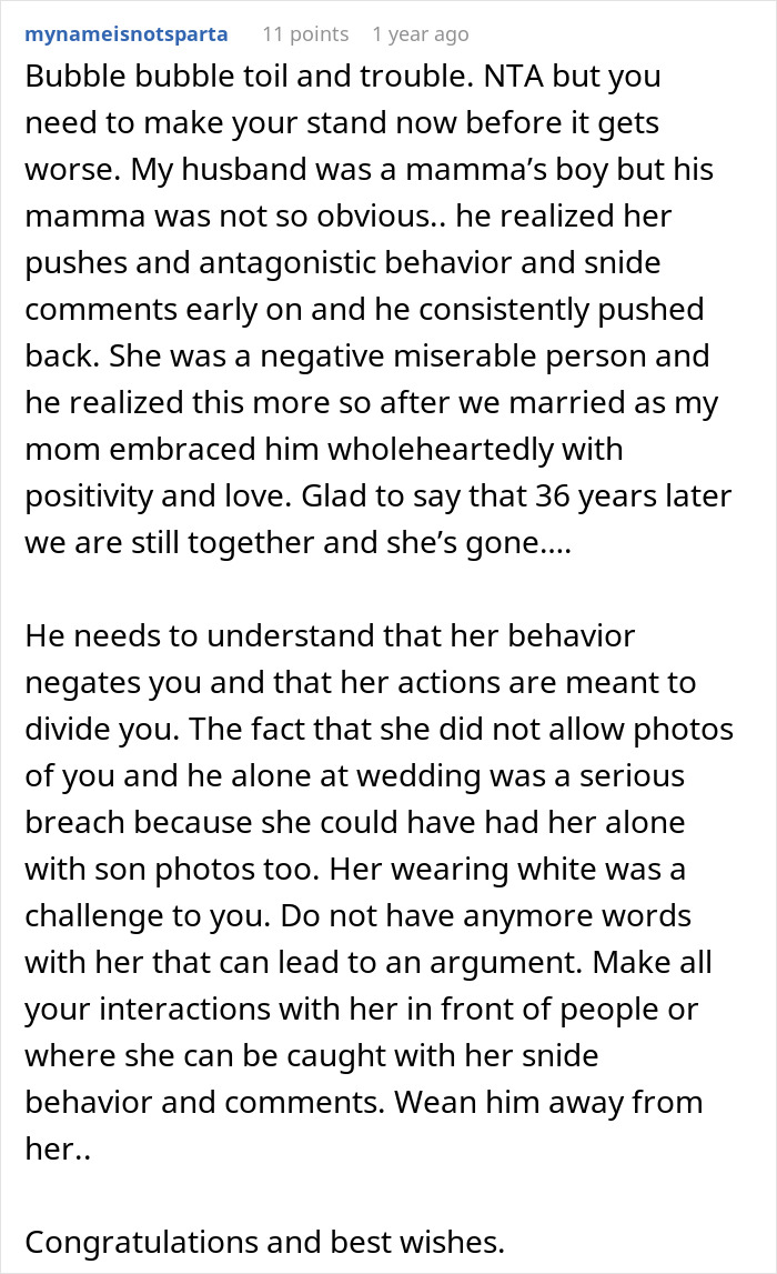 Comment advising on a mother-in-law wearing a white dress at son's wedding and the bride&rsquo;s reaction to photos.