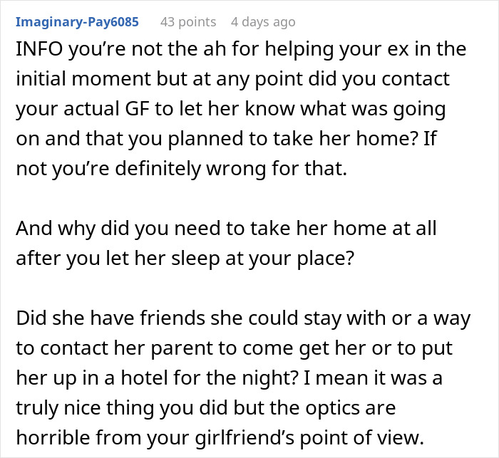 Comment discussing a guy going above and beyond for his ex and his current partner being upset about it.