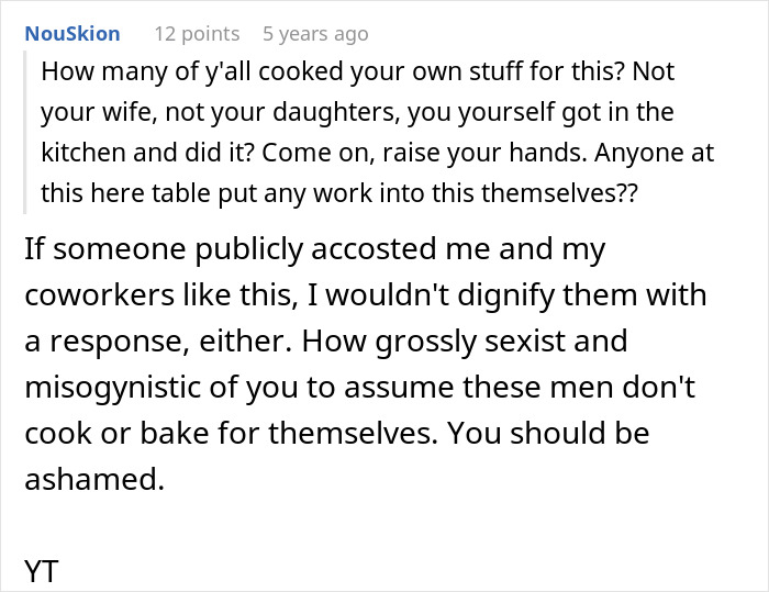 Comment discussing the office potluck store bought dessert drama and challenging sexist assumptions about cooking.