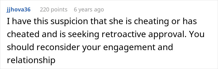 Screenshot of a Reddit comment advising to reconsider engagement after fianc&eacute;e&rsquo;s unexpected request causes doubt and worry.
