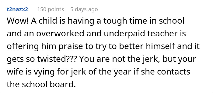 Screenshot of a forum comment discussing a mom furious over teacher's inappropriate note to her son and a dad's opposing view.