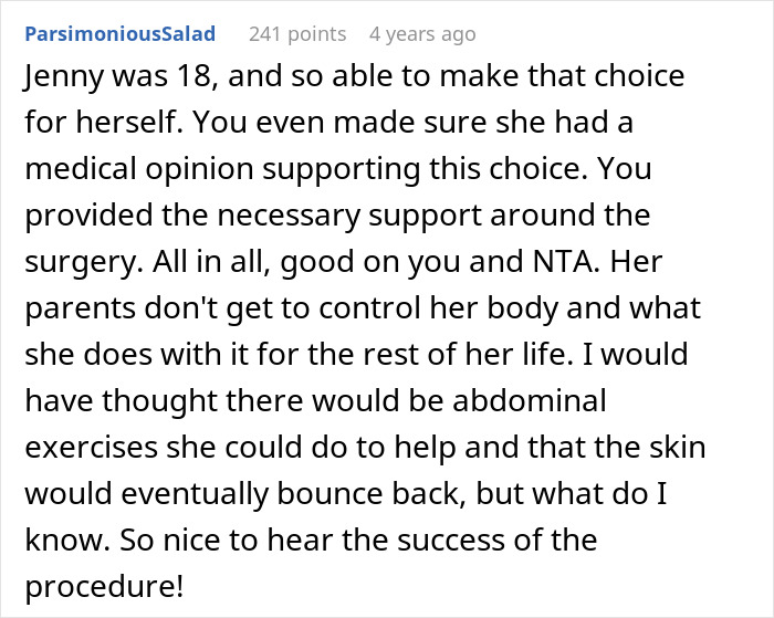 Comment discussing support and approval in an aunt-pay-niece tummy tuck drama, emphasizing personal choice and recovery.