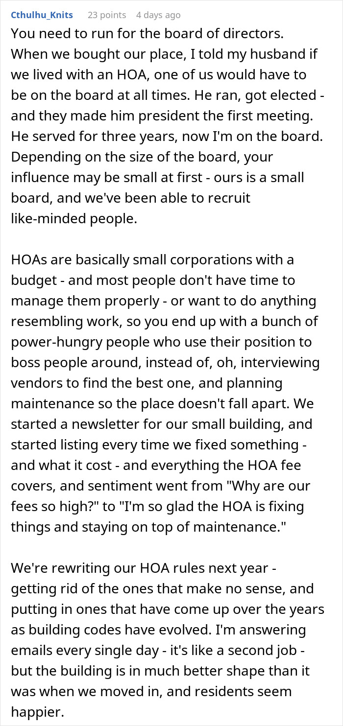 Comment discussing HOA board experience and challenges managing HOA rules and maintenance in a small community. Comment discussing HOA board experience and challenges managing HOA rules and maintenance in a small community.