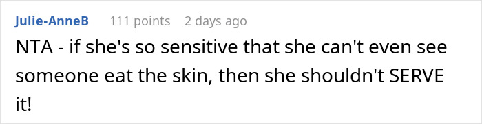 Comment criticizing fianc&eacute;e&rsquo;s mother for being disgusted by how guy eats baked potato with the skin.