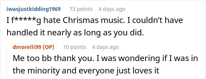 Reddit conversation about frustration with Christmas music blasting in the office, revealing strong coworker reactions and stress. Reddit conversation about frustration with Christmas music blasting in the office, revealing strong coworker reactions and stress.