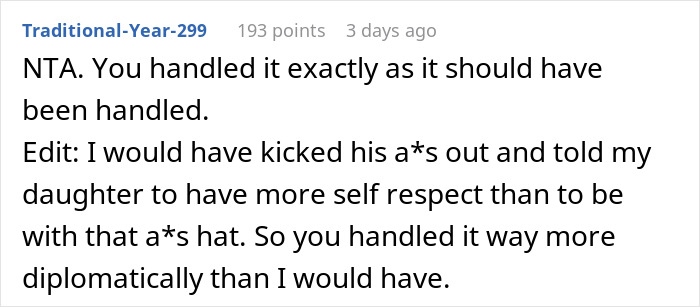 Comment praising how the guy handled the inappropriate shirt dare diplomatically during dinner with girlfriend&rsquo;s parents.