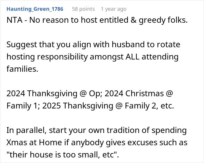 Screenshot of a forum comment suggesting rotating Thanksgiving hosting duties to avoid a host left with empty fridge leftovers.