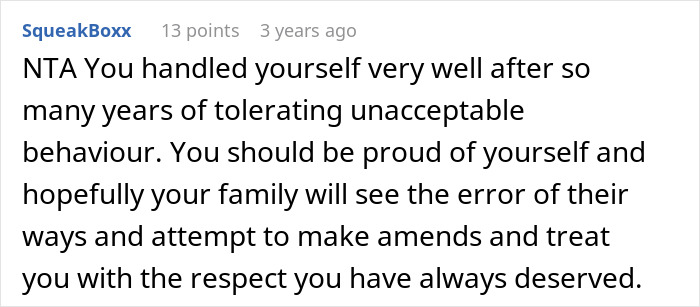 Screenshot of a Reddit comment discussing handling years of repressed rage at MIL and seeking respect from family.