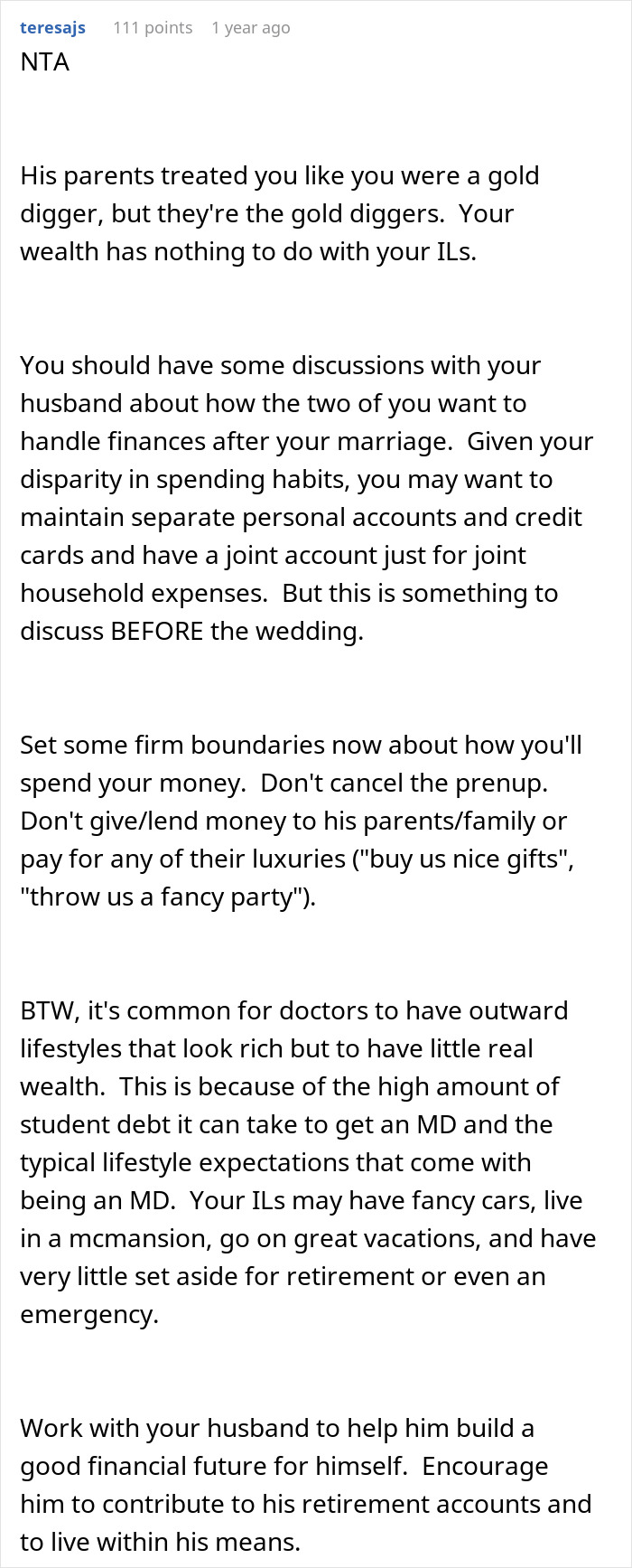 Screenshot of online advice discussing future in-laws demanding a prenup and reactions after learning about woman's wealthy family background.