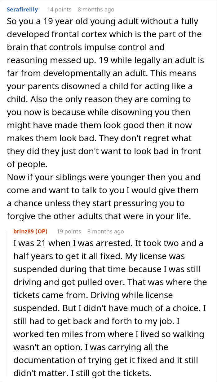 Reddit conversation discussing family disownment, personal struggles, and feelings of shame, guilt, and embarrassment.