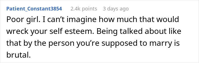 Comment about woman finding secret texts of fianc&eacute; complaining about her appearance and wedding photo worries.