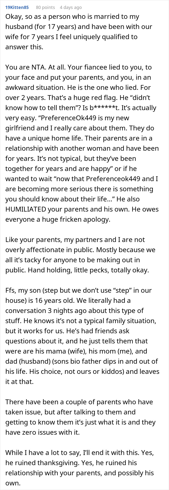 Comment about woman rethinking engagement after fianc&eacute;&rsquo;s lie about her family causes holiday dinner conflict.