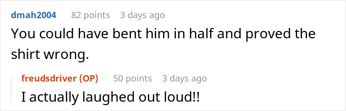 Screenshot of a Reddit conversation about a guy wearing an inappropriate shirt as a dare to dinner with his girlfriend's parents.