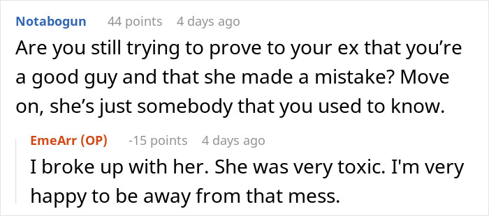Online forum discussion about a guy going above and beyond for his ex girlfriend and relationship conflicts.