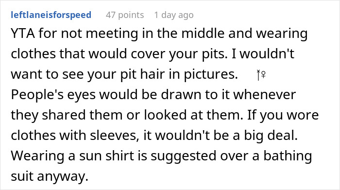 Comment discussing hairy armpits as a personal insult causing discomfort for guests at a bride and groom's event.