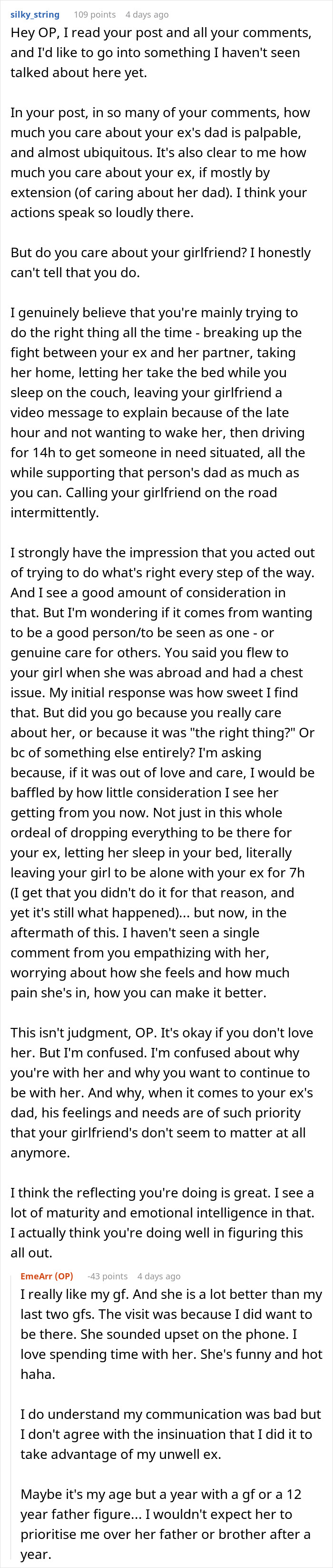 Man explains going above and beyond for his ex, confused why his current partner feels upset about it.
