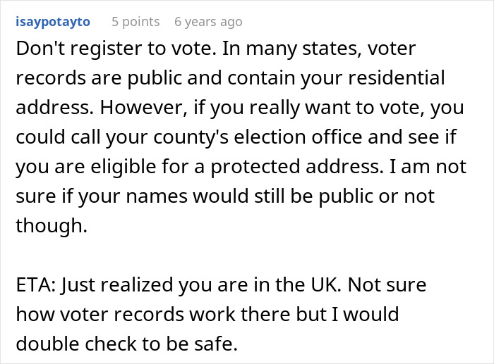 Comment discussing concerns about public voter records and protecting residential addresses in relation to unhinged MIL and revengeful DIL promotion.