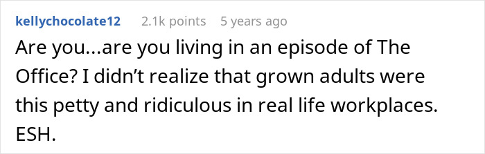 Commenter expressing disbelief about petty workplace conflicts in response to employee pushing back against vegan-only club and starting beef.