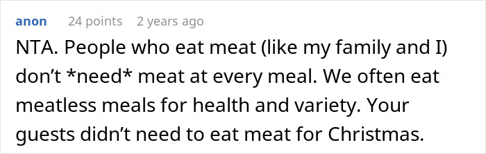 Comment discussing family reactions to vegetarian Christmas meals without ham, highlighting meatless meal acceptance and variety.