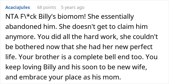 Screenshot of an online comment discussing a woman letting her nephew call her mom, angering his biological mother.