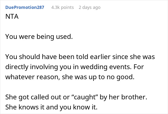 Screenshot of a Reddit comment discussing being used during a wedding dress shopping trip and friendship issues. Screenshot of a Reddit comment discussing being used during a wedding dress shopping trip and friendship issues.