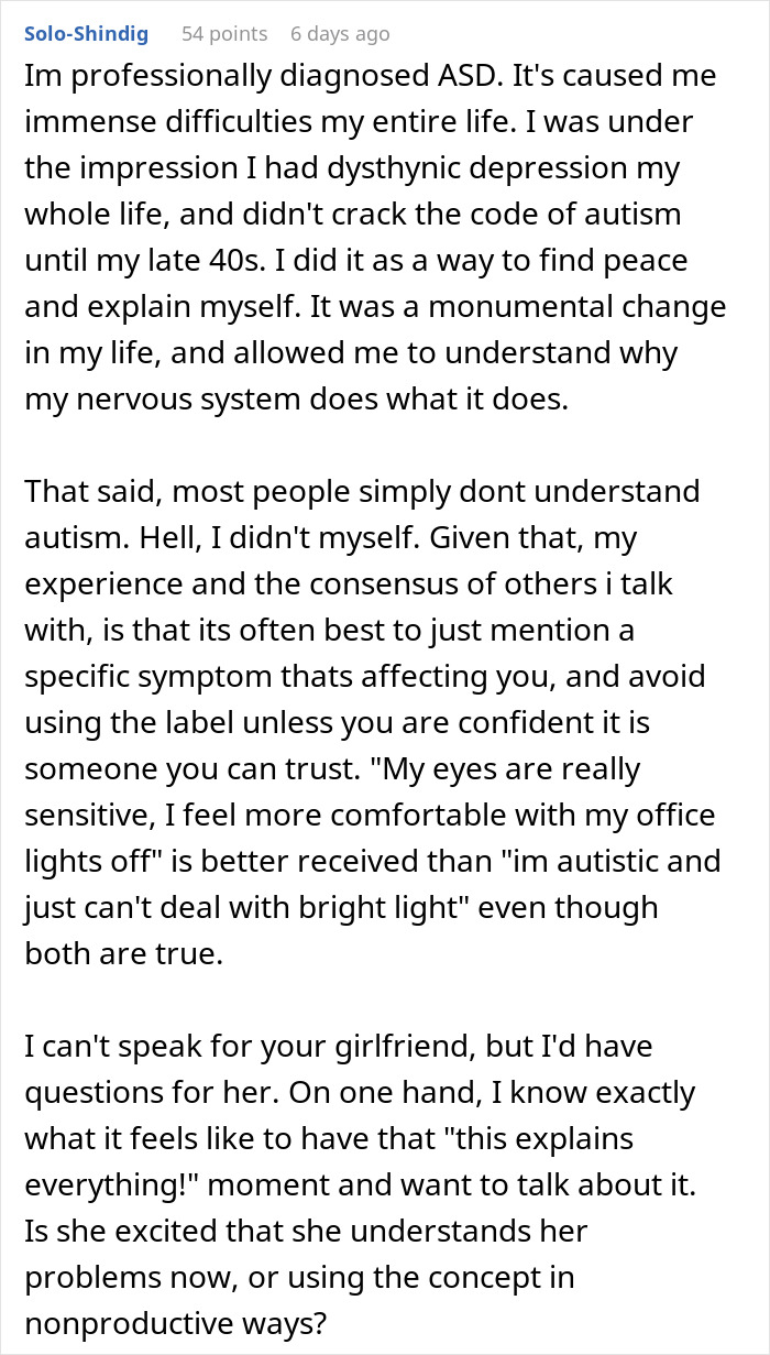 Text post discussing challenges and perspectives on professionally diagnosed autism and self-diagnosed behavior excuses.