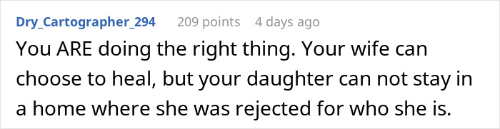 Screenshot of a Reddit comment advising that the wife can choose to heal, but the daughter cannot stay where she is rejected in a transphobic family. Screenshot of a Reddit comment advising that the wife can choose to heal, but the daughter cannot stay where she is rejected in a transphobic family.