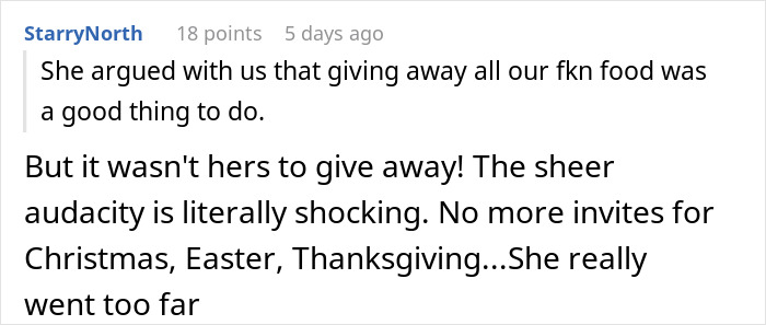 Reddit comment discussing a couple hosting an expensive Thanksgiving dinner and losing their planned leftovers. Reddit comment discussing a couple hosting an expensive Thanksgiving dinner and losing their planned leftovers.