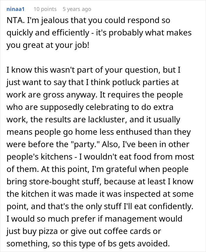 User comment discussing office potluck drama, expressing preference for store-bought desserts over homemade treats at work events.