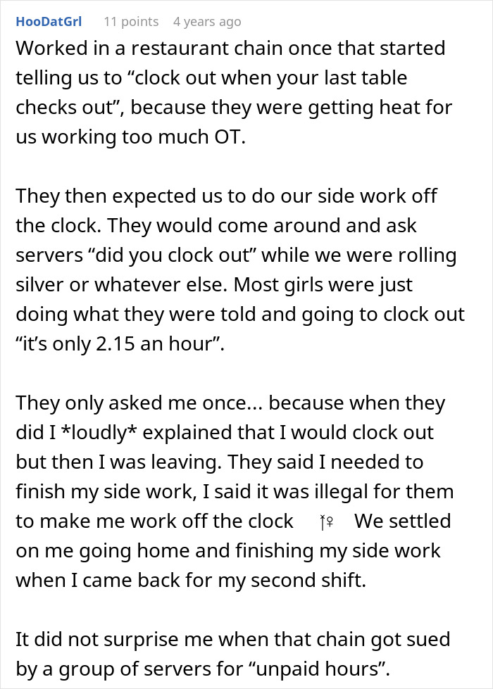 Text post about a manager imposing rules on workers, leading to conflict and a lawsuit over unpaid hours.