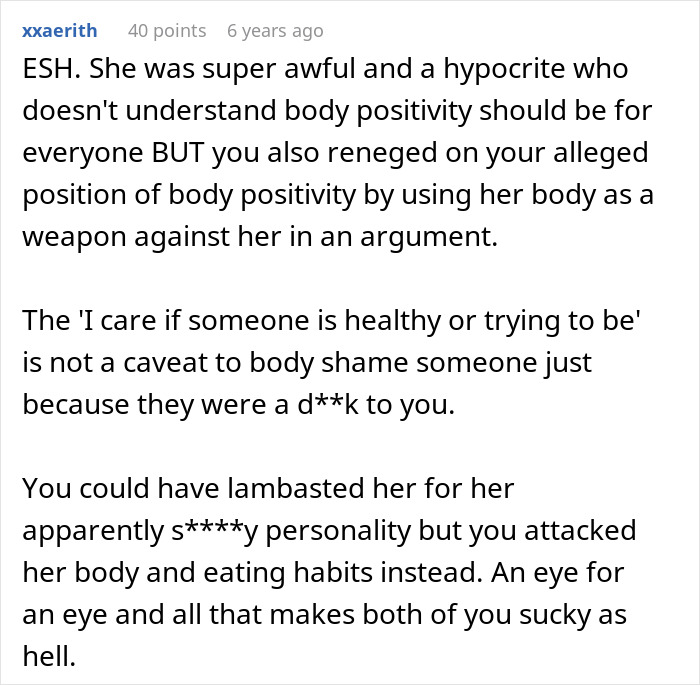 Comment discussing body positivity and a coworker skinny-shaming in an online forum conversation.