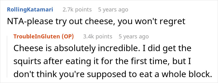 Screenshot of an online forum discussion revealing parents lied about allergies affecting food choices and experiences.