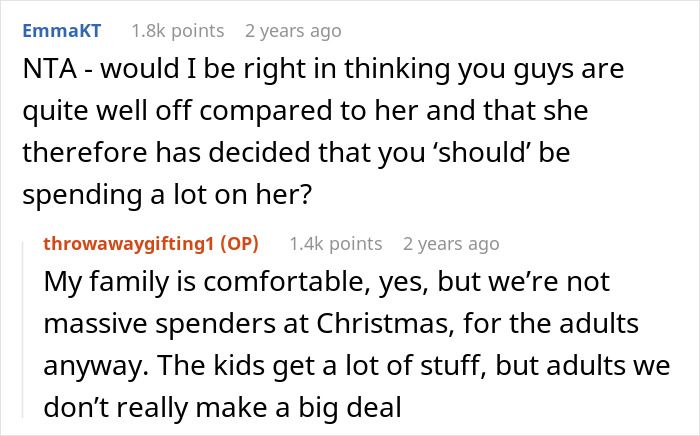 Reddit discussion about Christmas gift list spending, focusing on family comfort and adult gift expectations.