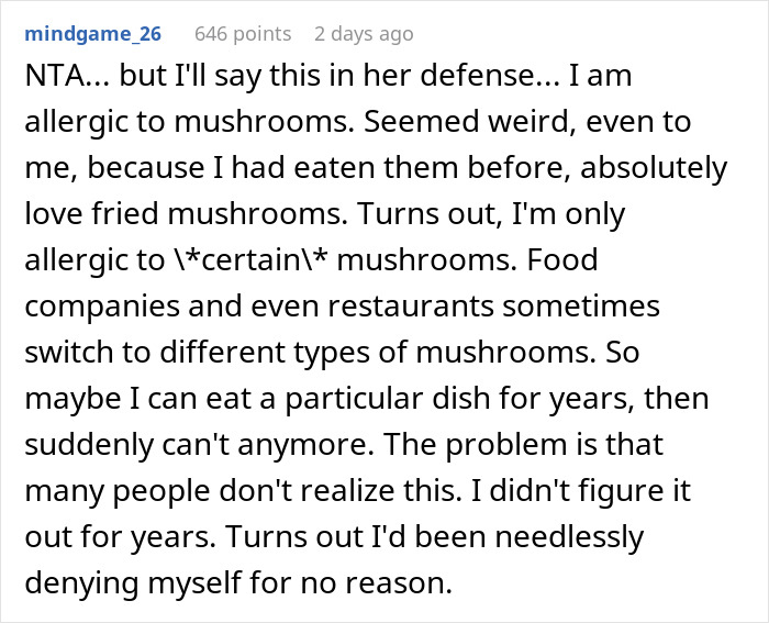 Screenshot of a Reddit comment discussing food allergies and the challenge of identifying sudden allergic reactions to certain mushrooms.