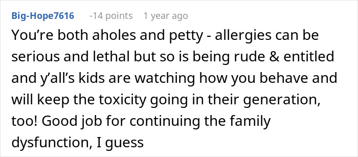 Comment discussing family conflict over allergies and the consequences of expecting others to cater to allergic needs.